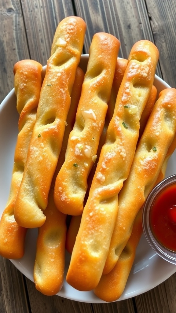 A plate of golden brown breadsticks brushed with butter and garnished with herbs, served with marinara sauce.